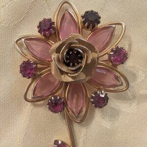 Vintage HOBE pink floral and goldtone center. Purple rhinestones.
